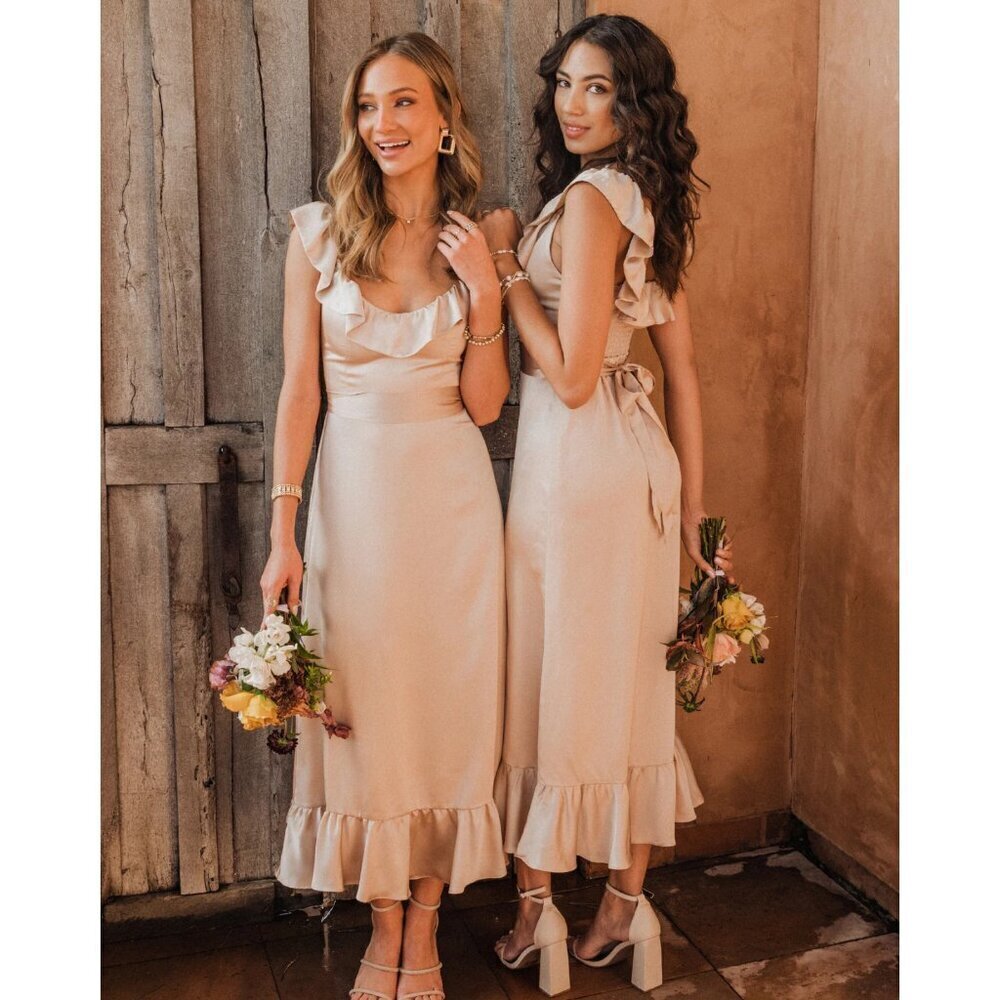 Show Me Your Mumu Alexis Champagne Satin Smocked Off Shoulder dress 35772